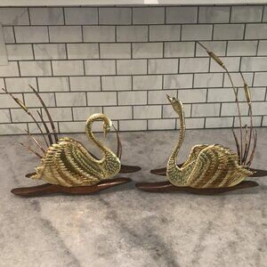 Vintage Swan Wall Art Pair MCM Tin Wood Reed Cattail Lake Decor Mid Century